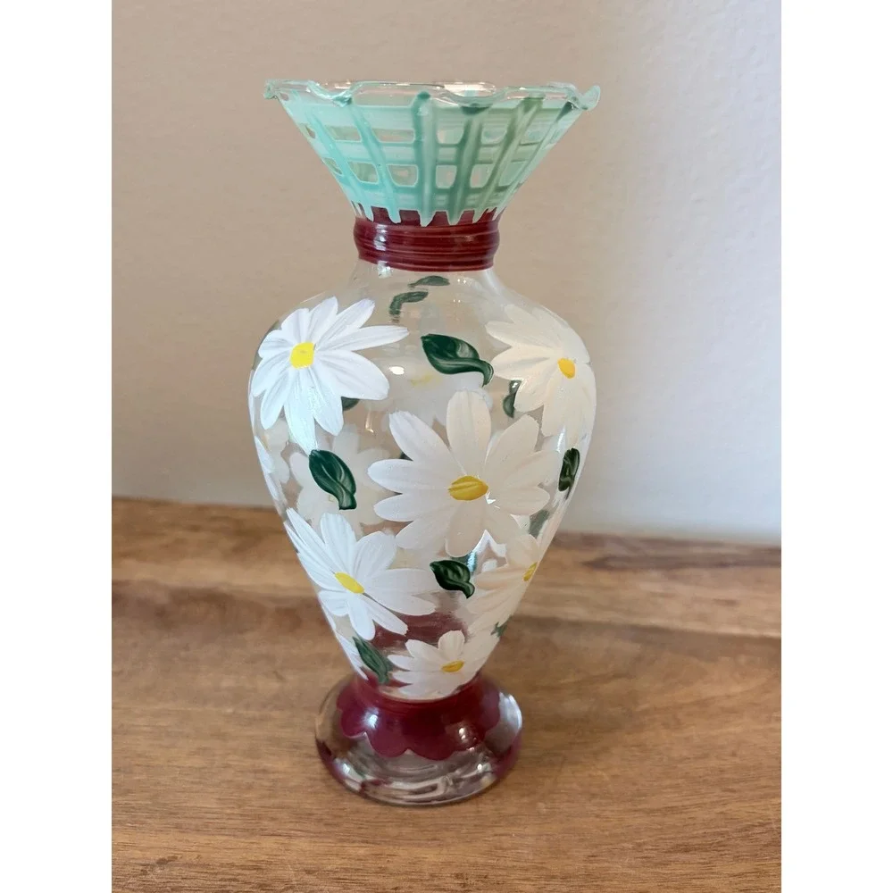Vintage Tracy Porter Handblown Handpainted Daisy Glass Bud Vase Lattice Ruffle